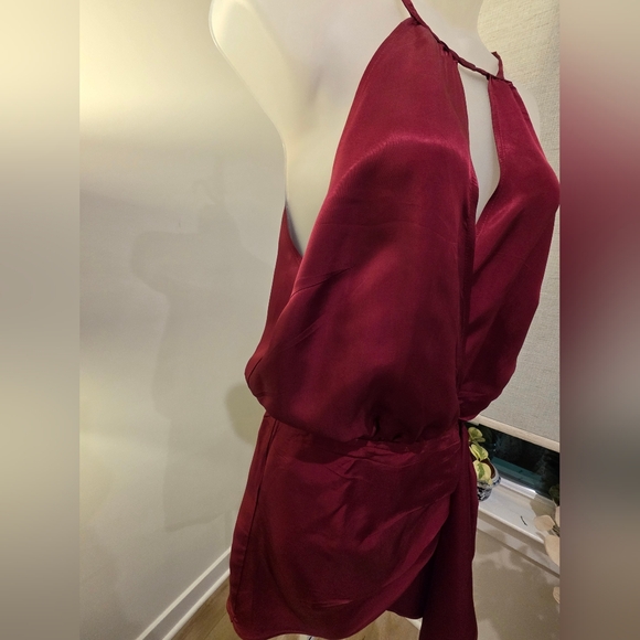 HALARA Wine Satin Halter Wrap Mini Dress - Picture 3 of 10